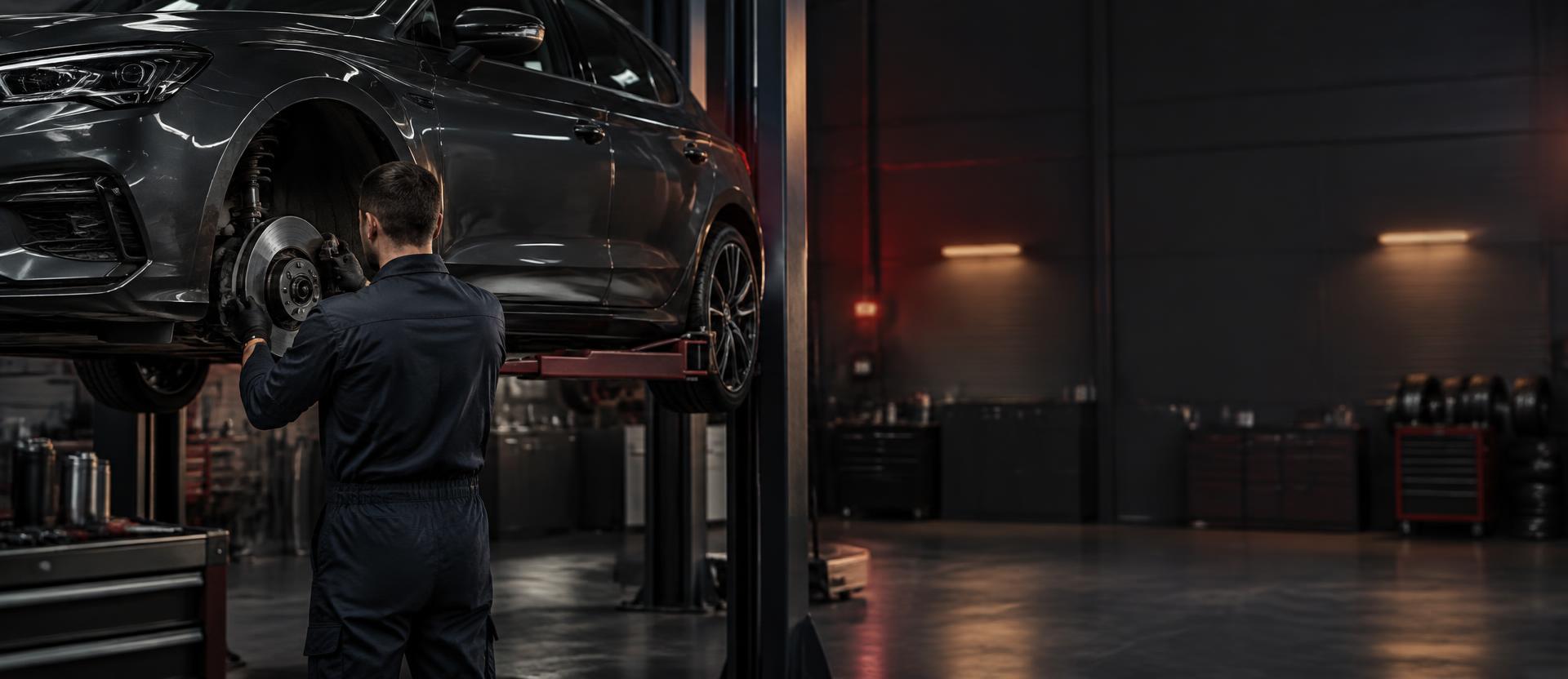 Mechanik při opravě brzd vozu na zvedáku v autoservisu